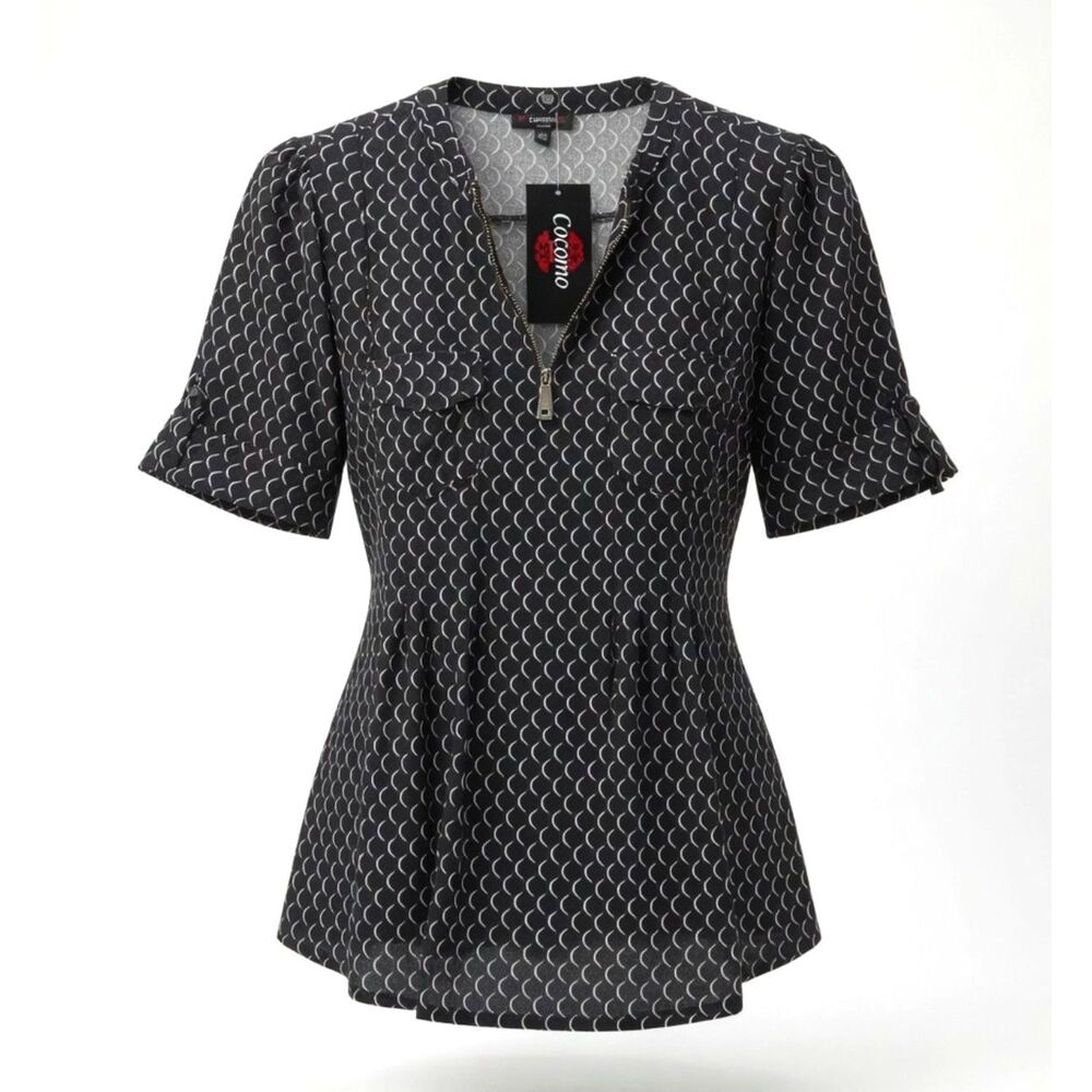 Cocomo Plus Size 3X Black White Geo Print Pintuck Short Sleeve Top